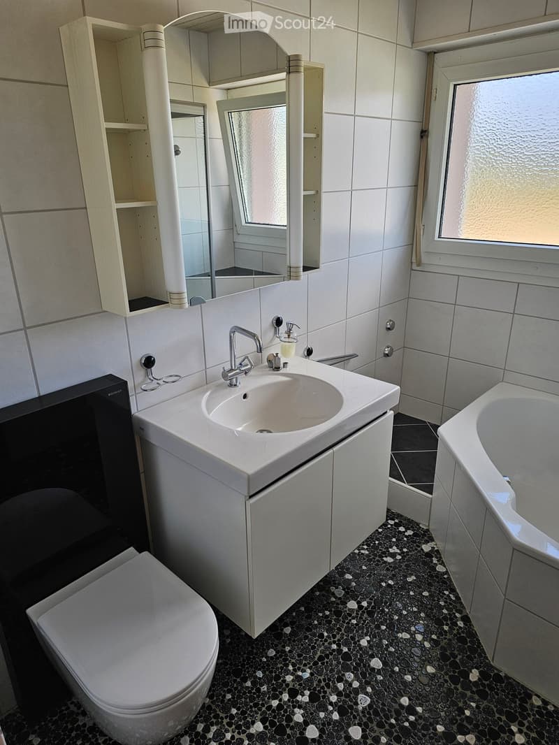 Modern bathroom with white tiles, a black pebble floor, a white sink with a chrome faucet, a toilet, a bathtub, and a mirrored cabinet.