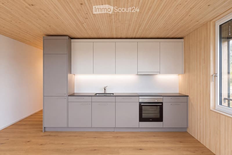 Modern kitchen with light grey cabinets, wooden ceiling, and wooden floor. Features a sink, oven, and ample cabinet space.