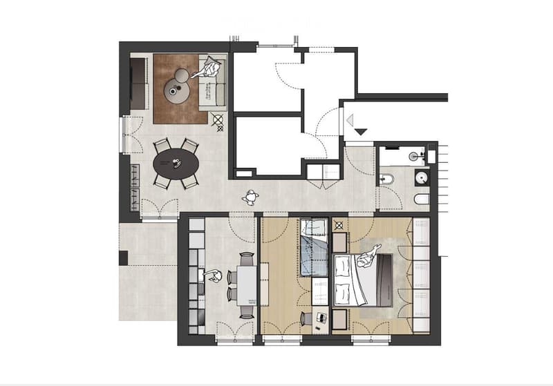Floor plan of a modern apartment featuring a living room, dining area, kitchen, two bedrooms, and two bathrooms.