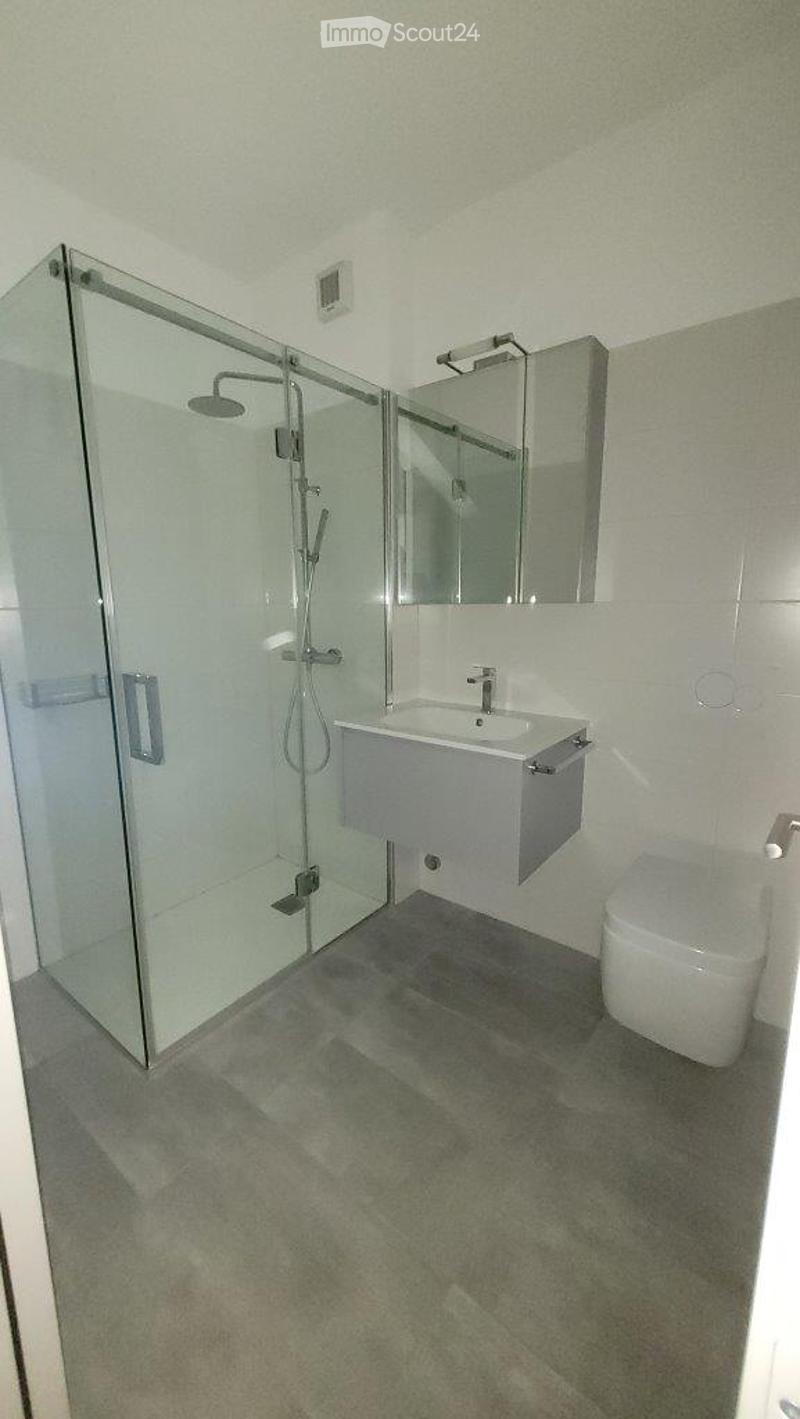 Modern bathroom with a glass-enclosed shower, a white sink with a modern faucet, a toilet, and a large mirror above the sink. The floor is tiled in a dark grey color.