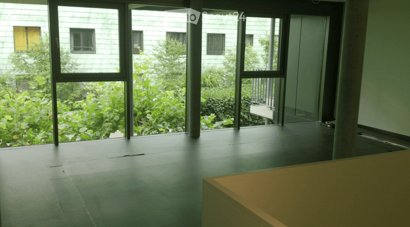 Empty room with large windows and a view of greenery outside. The floor is dark and smooth, and the walls are light-colored.
