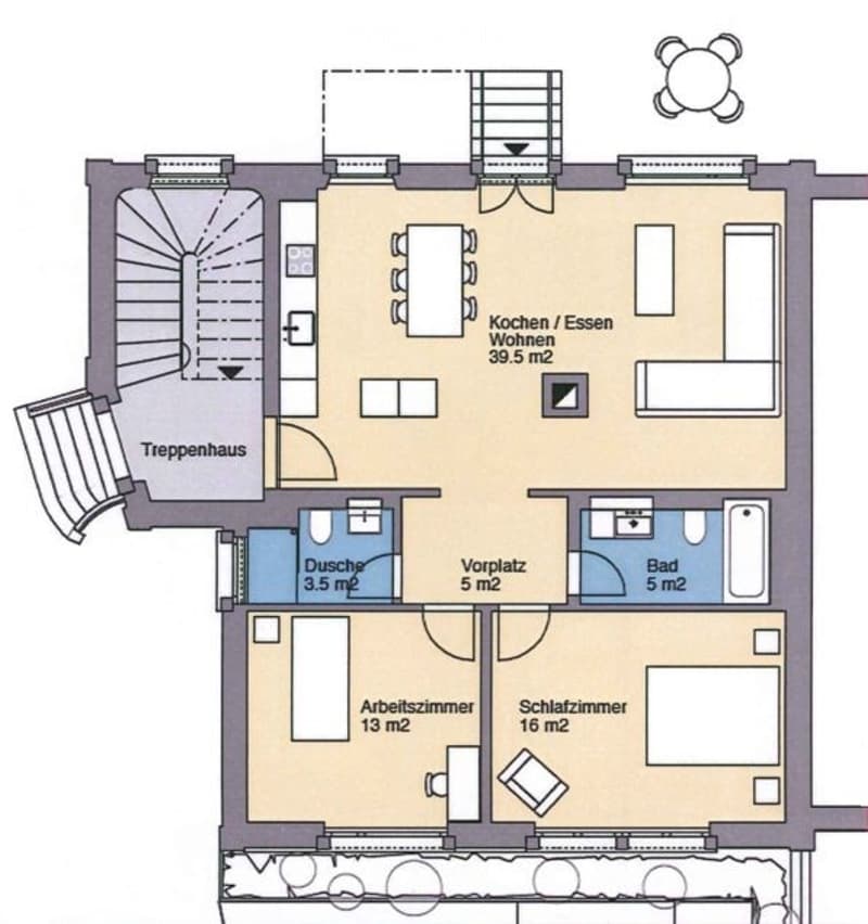 Floor plan of a 3-room apartment with a kitchen, living room, bedroom, bathroom, and hallway.