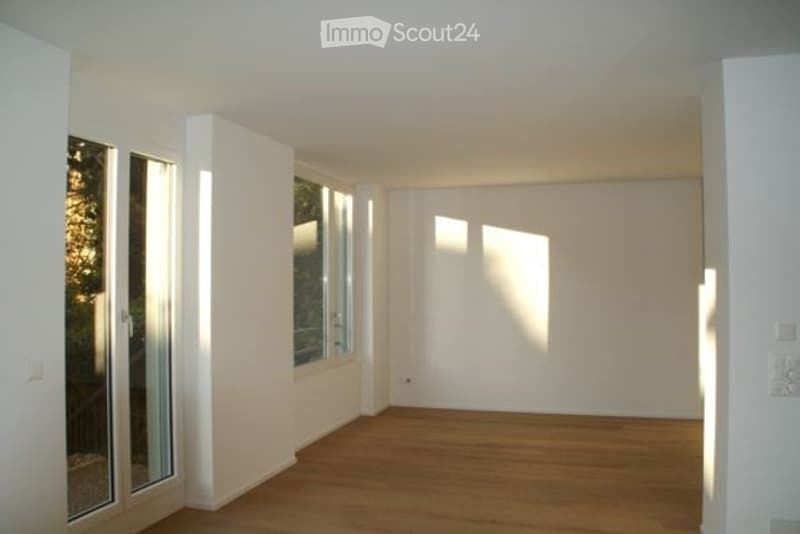 Completely empty room with white walls, wooden floor, and large windows with white frames.
