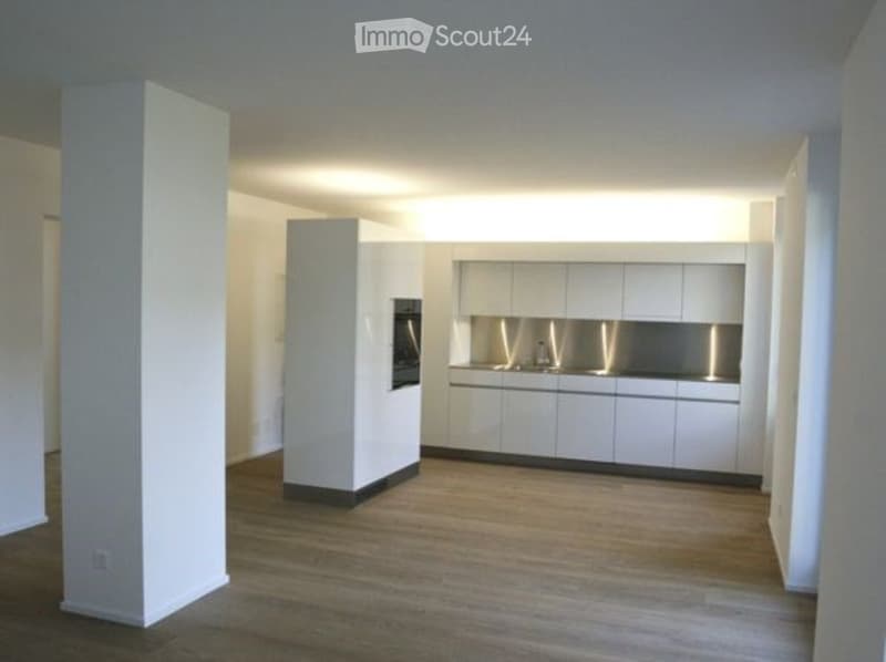 Modern, minimalist kitchen with white cabinetry, stainless steel appliances, and wooden flooring. The space is completely empty with no furniture or items.