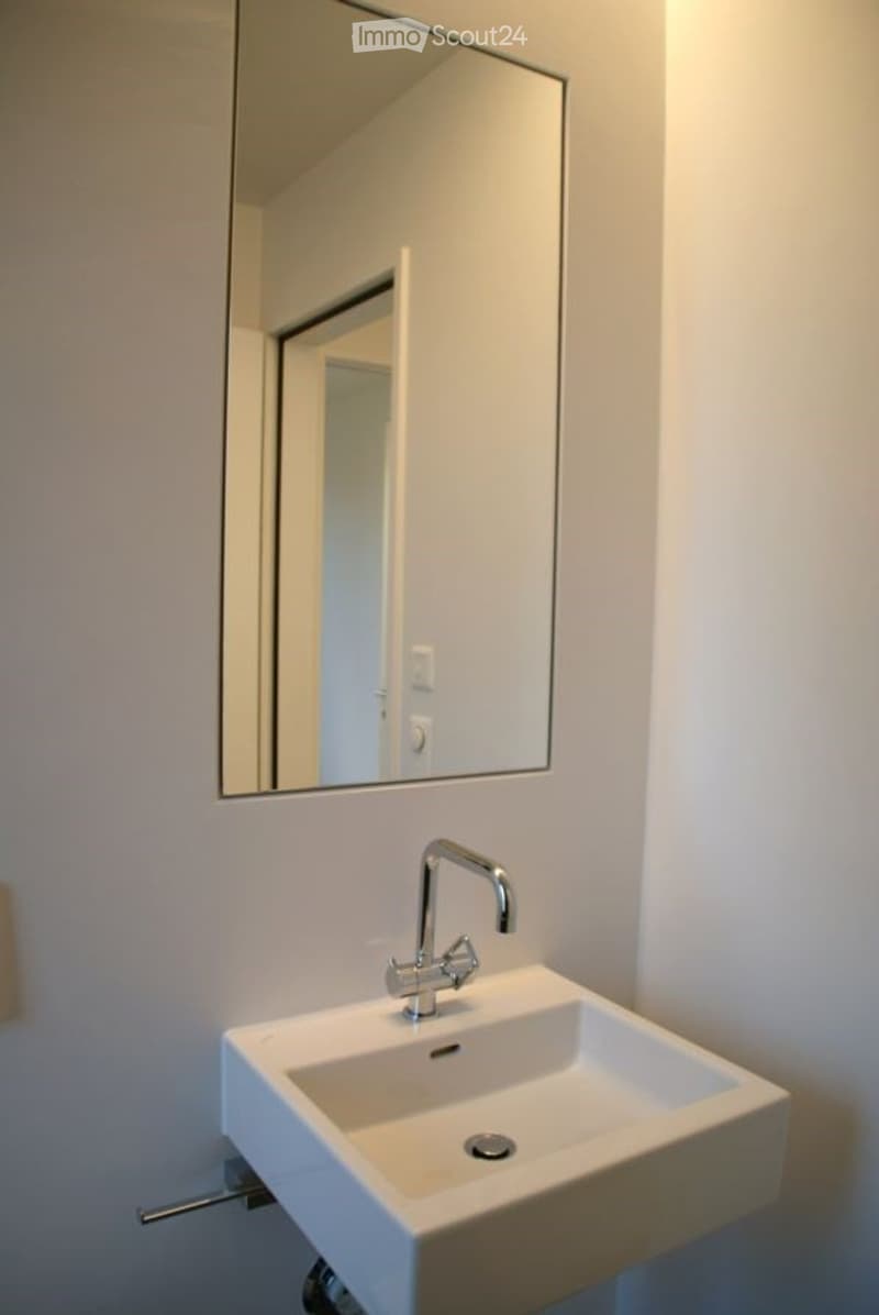Modern bathroom with a white sink, chrome faucet, and large rectangular mirror above it.