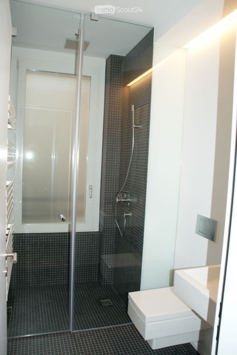 Modern bathroom with black tiled walls and floor, glass shower enclosure, and white toilet.