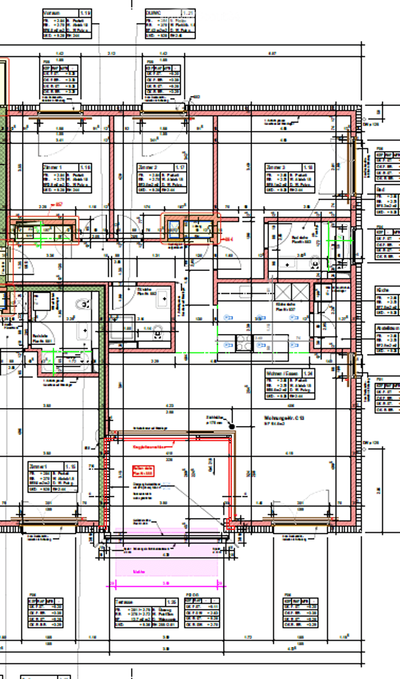 Detailed floor plan of a multi-story building with labeled rooms, dimensions, and structural elements. Includes living areas, bedrooms, bathrooms, and utility spaces.