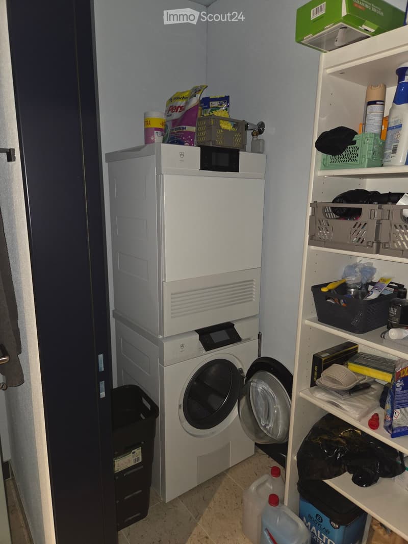 A small utility room with a washing machine, shelves filled with cleaning supplies, and various storage items.