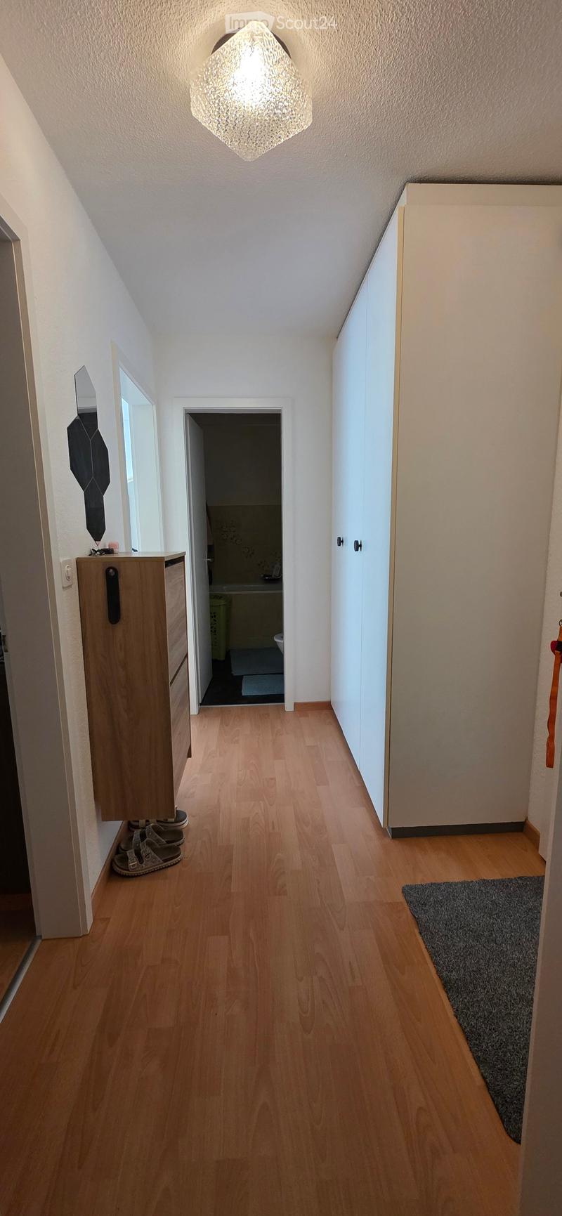 A narrow hallway with wooden flooring, white walls, and a slanted ceiling. Features include a built-in wardrobe on the right, a small wooden cabinet on the left, a mirror, and a partially visible bathroom at the end.