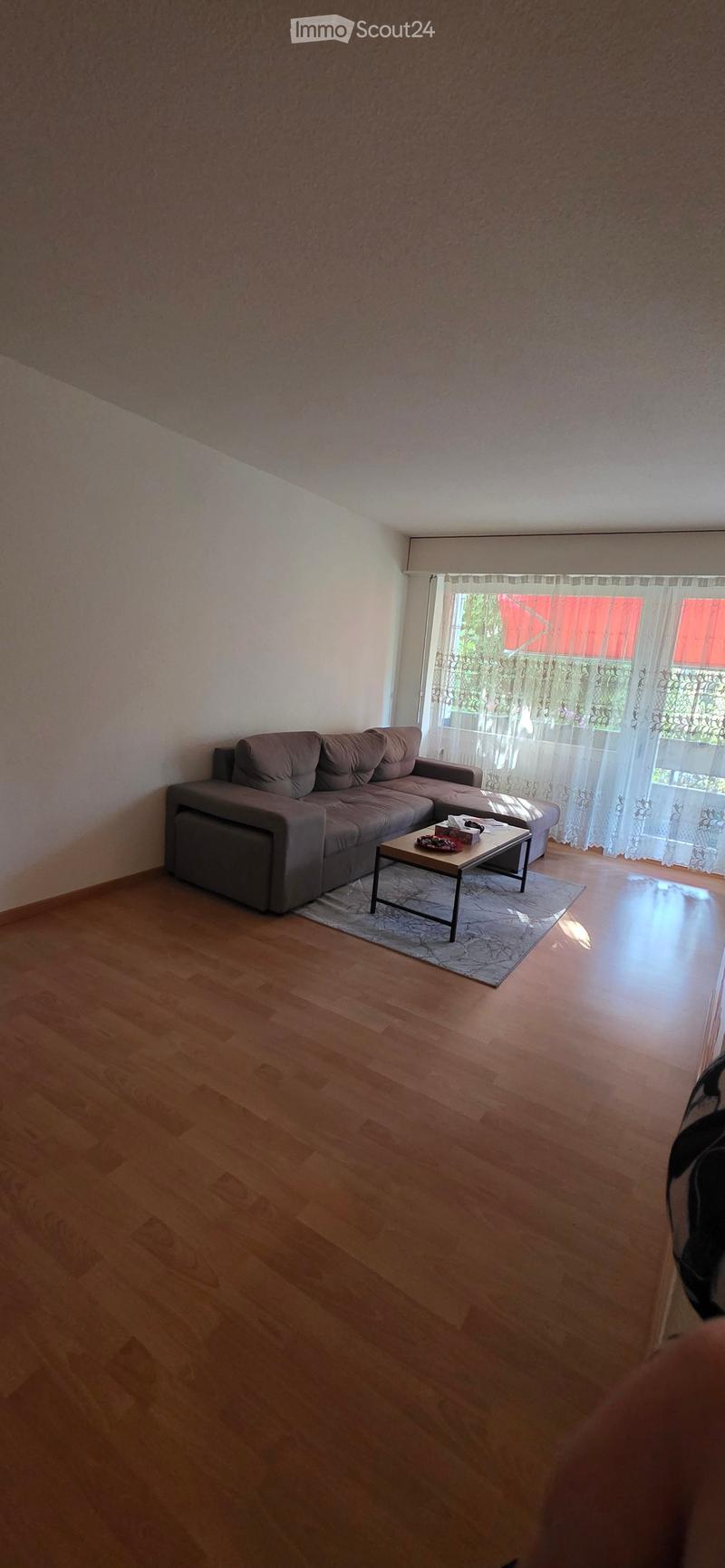 Living room with wooden flooring, grey sectional sofa, small coffee table, and large window with sheer curtains.