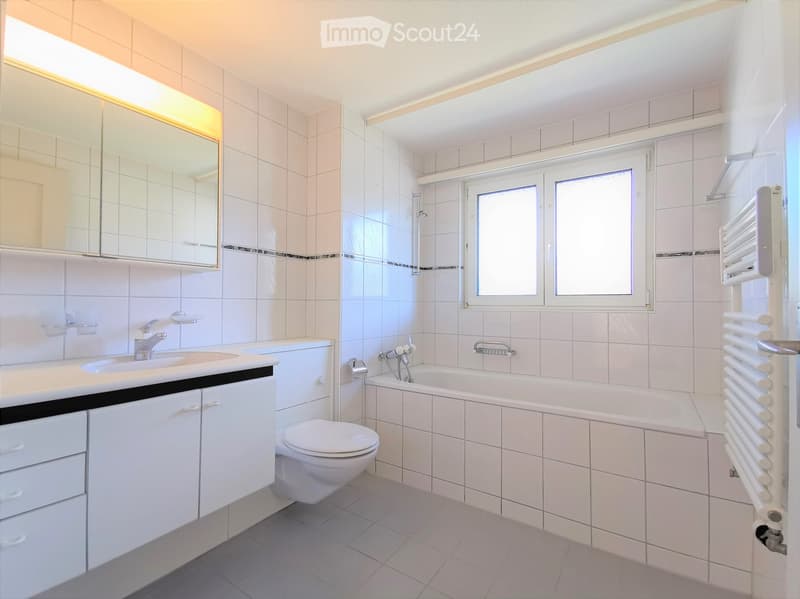 Modern bathroom with white tiles, a large mirror, a sink with a faucet, a bathtub, a toilet, and a radiator.