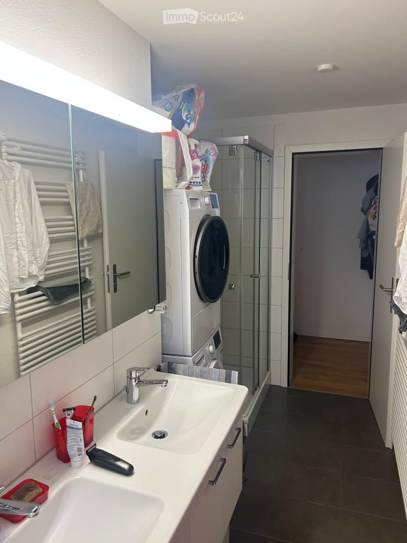 Modern bathroom with double sink, mirror, radiator, washing machine, and shower area.