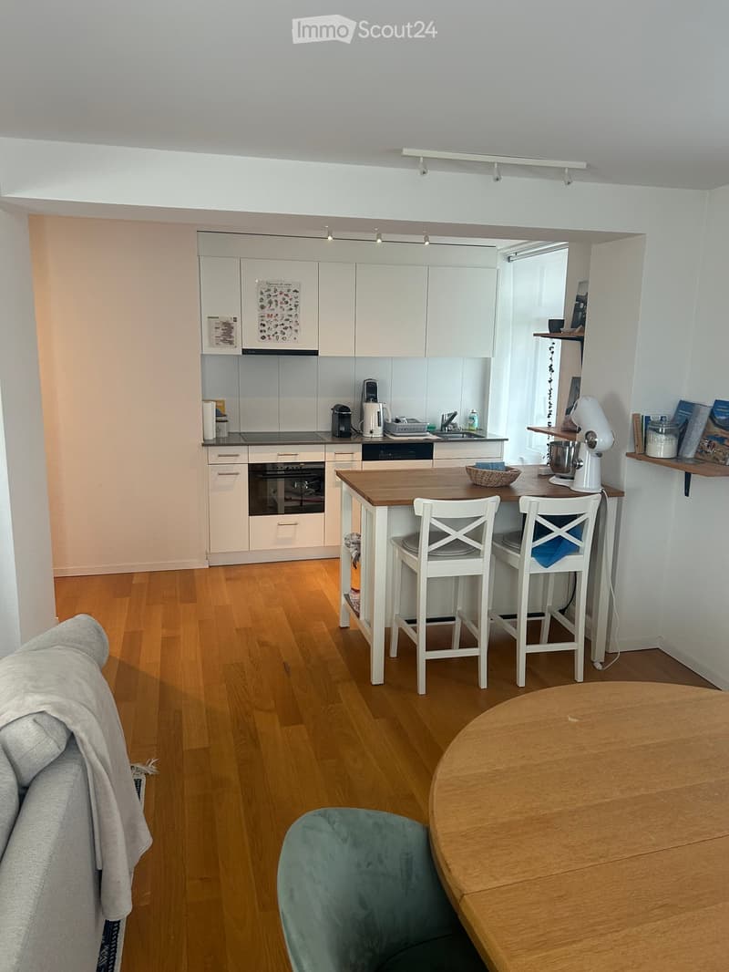 Modern kitchen and living area with white cabinets, wooden flooring, a central island with bar stools, and a sofa with a throw blanket.