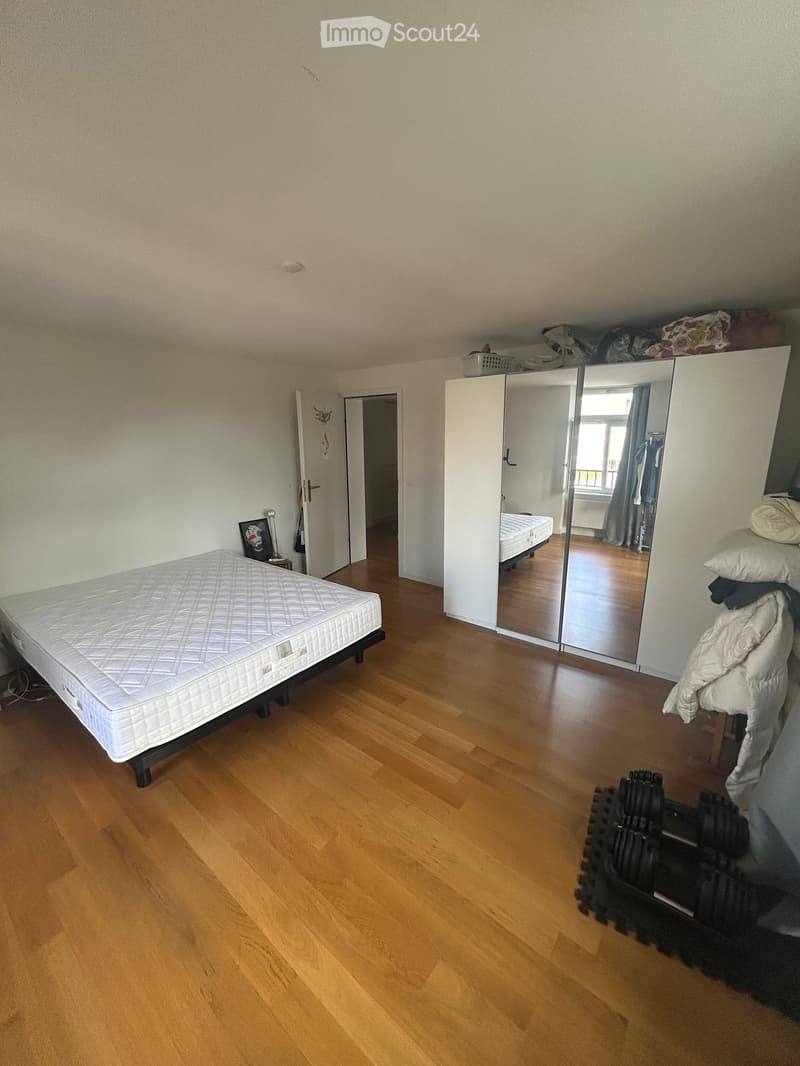 A furnished bedroom with a wooden floor, a bed, a wardrobe with a mirror, a picture frame, and weights on the floor.