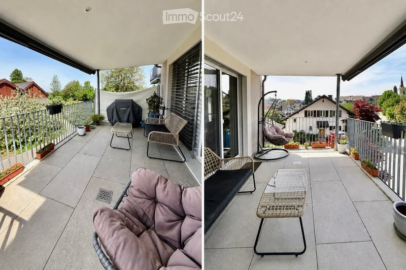 Two images of a modern balcony with tiled flooring, metal railing, and outdoor furniture including chairs, a swing chair, and a small table. Potted plants are placed along the railing, and the background shows a view of greenery and buildings.