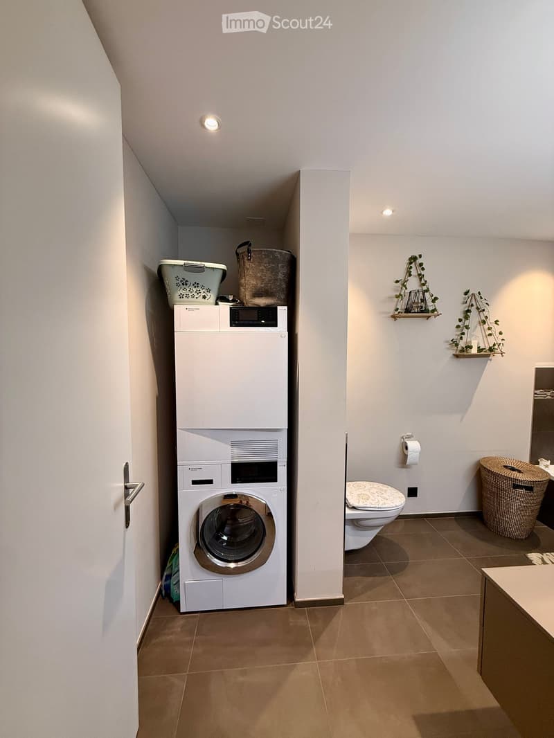 Modern bathroom with a private washing machine, toilet, wicker basket, and decorative shelves with plants.