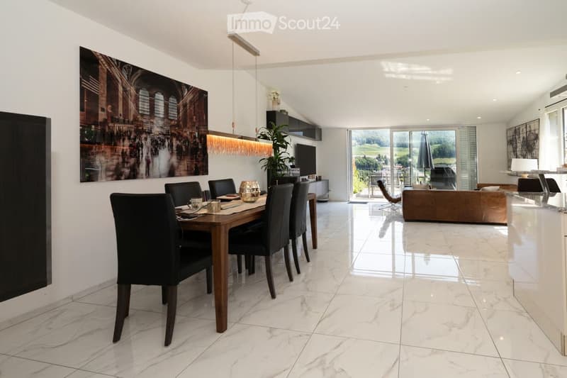 Open-plan living and dining area with white marble flooring, a wooden dining table with six black chairs, a brown leather sofa, a television, and a potted plant near the sliding glass doors leading to a patio.