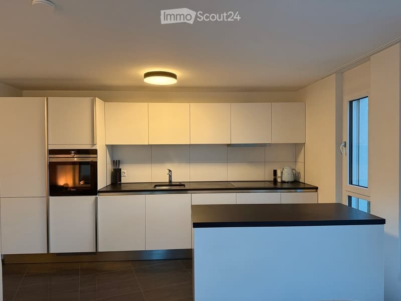 Modern kitchen with white cabinets, black countertops, built-in oven, and a central island.