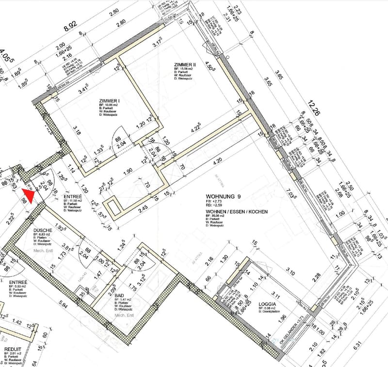 Floor plan of a residential unit showing multiple rooms including entrance, living room, kitchen, bedrooms, bathroom, and loggia. Dimensions and room labels are provided.