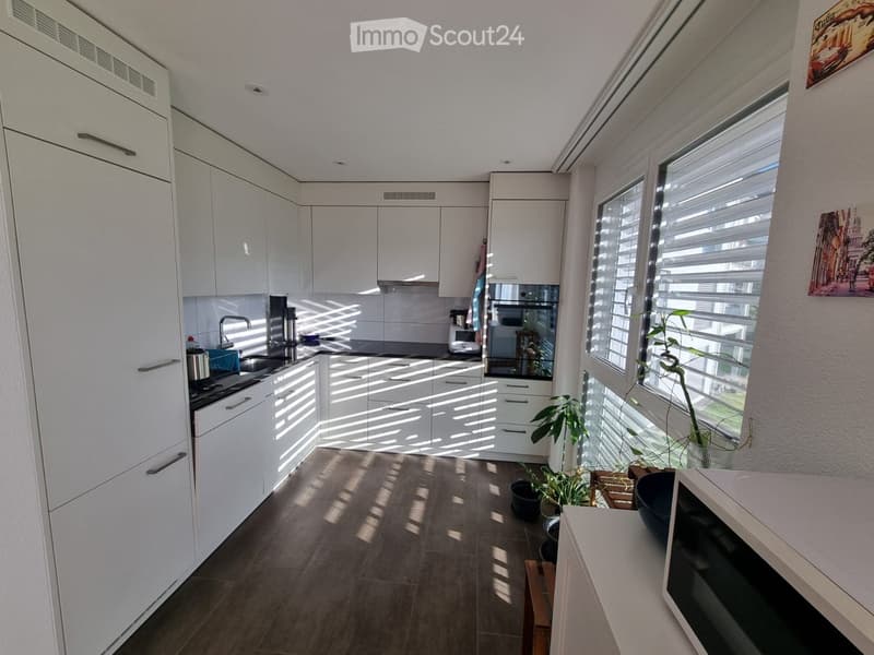 Modern kitchen with white cabinets, stainless steel appliances, and large windows allowing natural light. Includes a sink, oven, microwave, and potted plants on the windowsill.