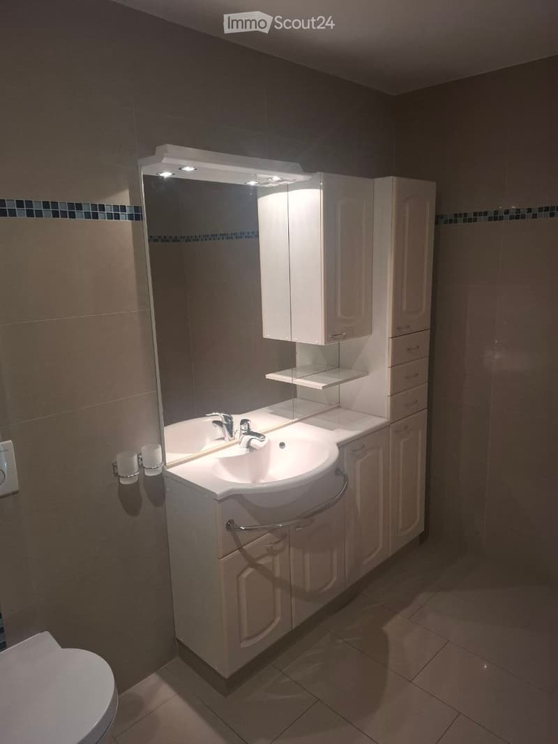 Modern bathroom with a white sink, large mirror with built-in lighting, and white cabinets.