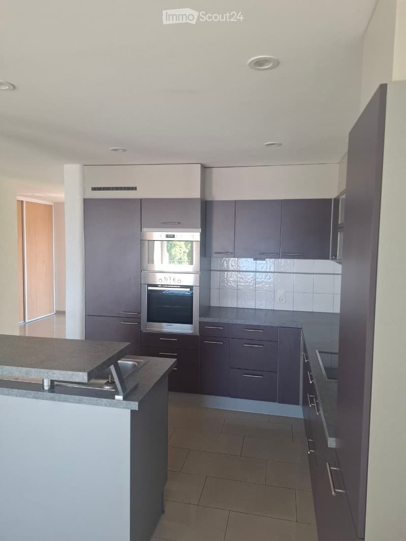 Modern kitchen with grey cabinets, stainless steel oven, and a central island with a countertop and sink.