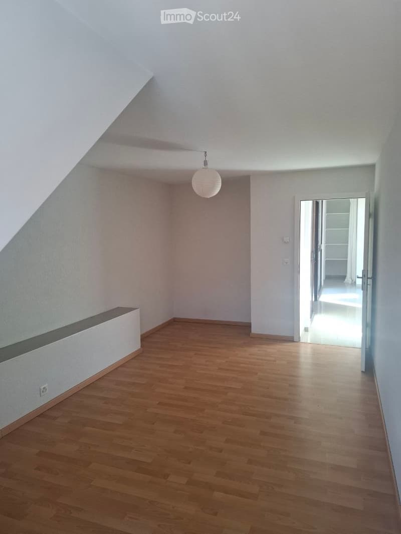Empty room with wooden flooring, white walls, and a hanging light fixture. The room has a slanted ceiling and an open doorway leading to another space.