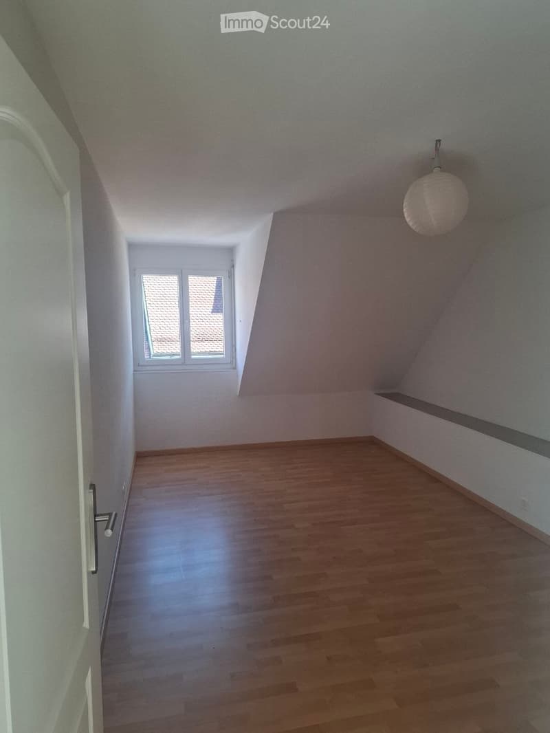 Empty attic room with wooden flooring, white walls, and a skylight window. The room features a sloped ceiling and a single hanging light fixture.