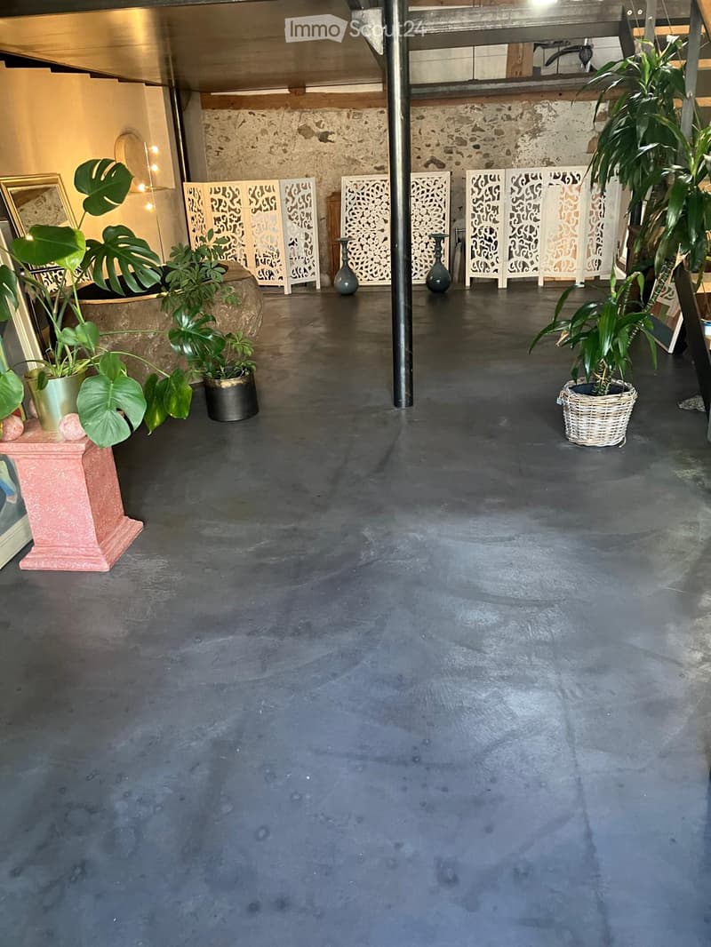 A spacious, open room with a concrete floor, decorative screens, vases, and potted plants.