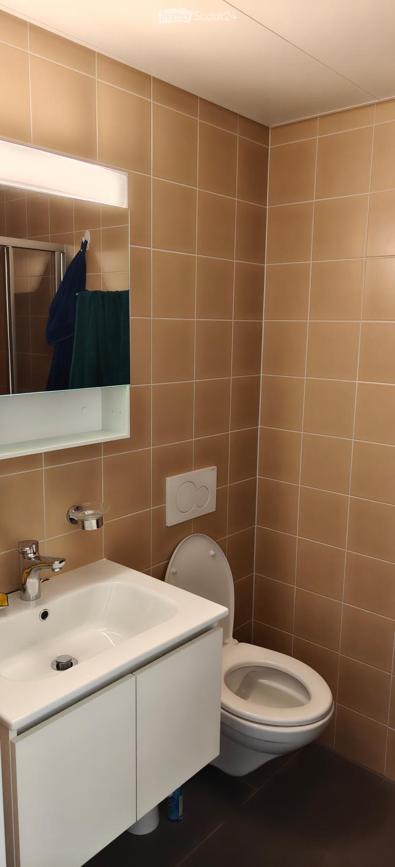 Modern bathroom with beige tiled walls, white sink with chrome faucet, toilet, mirrored cabinet, and towels.