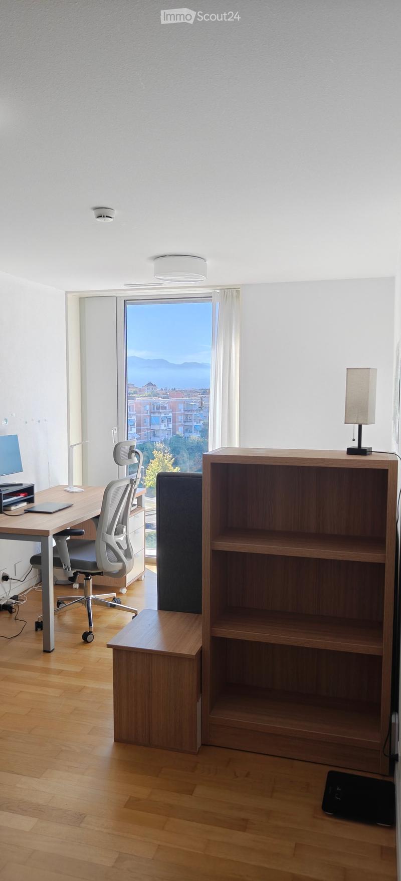 A modern, well-lit room with a large window offering a scenic view, featuring a wooden desk, ergonomic chair, laptop, wooden shelf, and a table lamp.