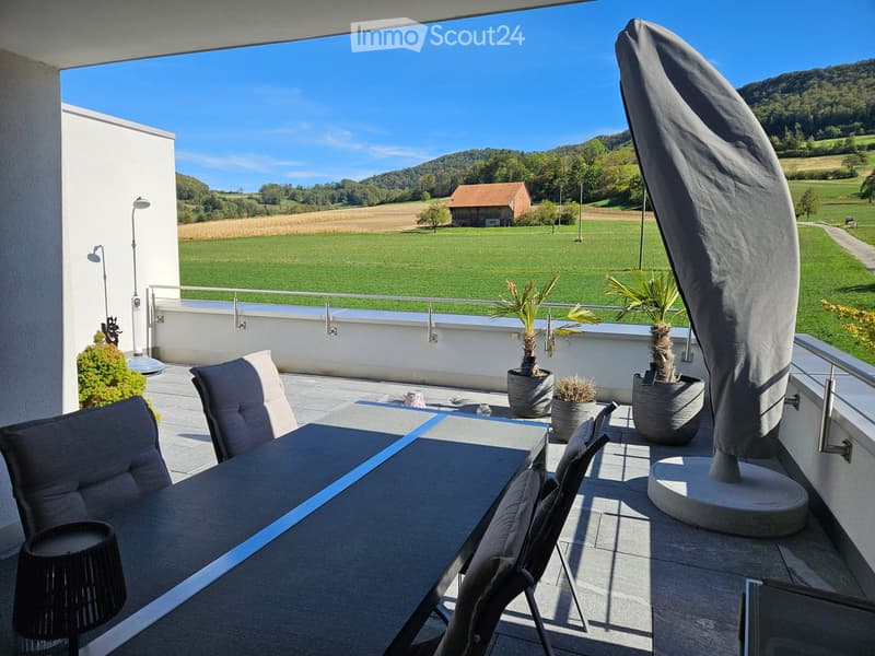 Balcony with a table, chairs, umbrella, and potted plants, overlooking a scenic countryside view.
