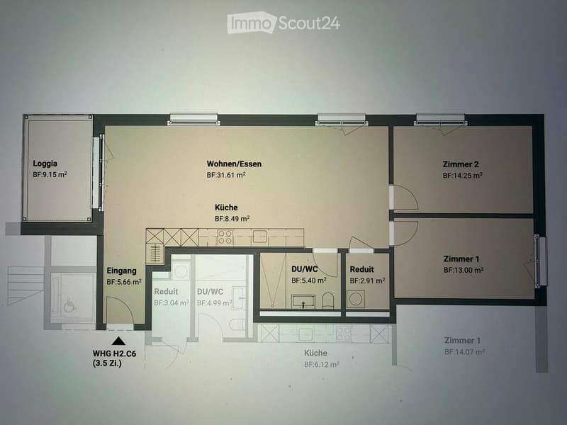 Floor plan of a 3.5-room apartment with a living/dining area, kitchen, two bedrooms, two bathrooms, and a loggia.