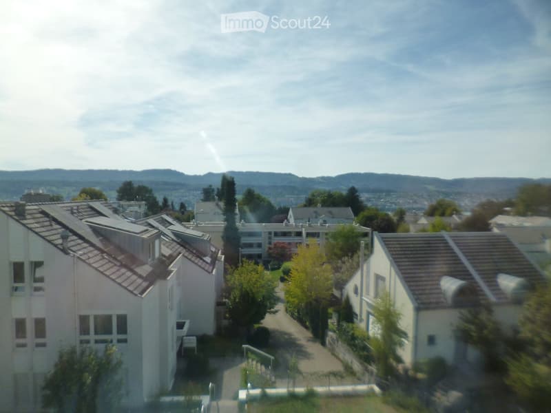 Residential area with multiple houses, surrounded by trees and greenery, with a distant view of mountains and cityscape.
