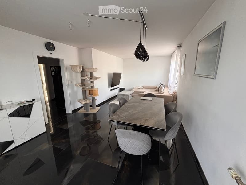Modern living and dining area with a sofa, dining table, chairs, a cat tree, a large mirror, and a wall-mounted screen.