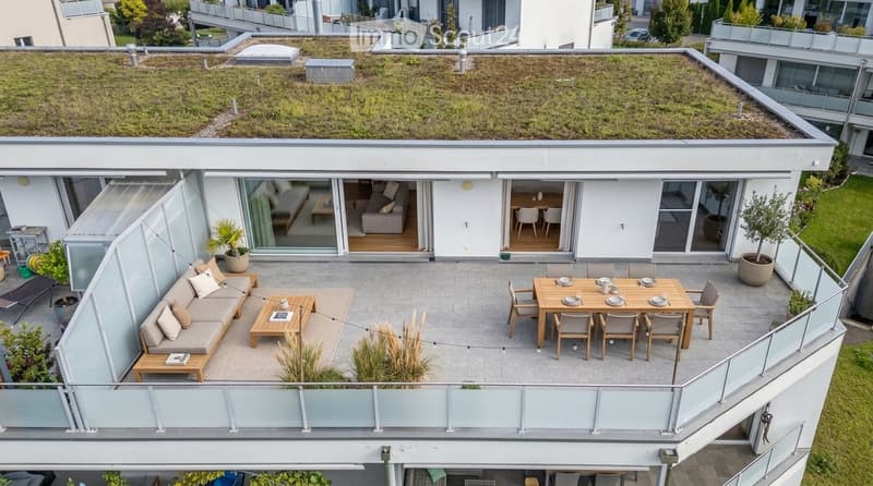 Modern rooftop terrace with a sofa, coffee table, dining table, and chairs, surrounded by potted plants and a glass railing.