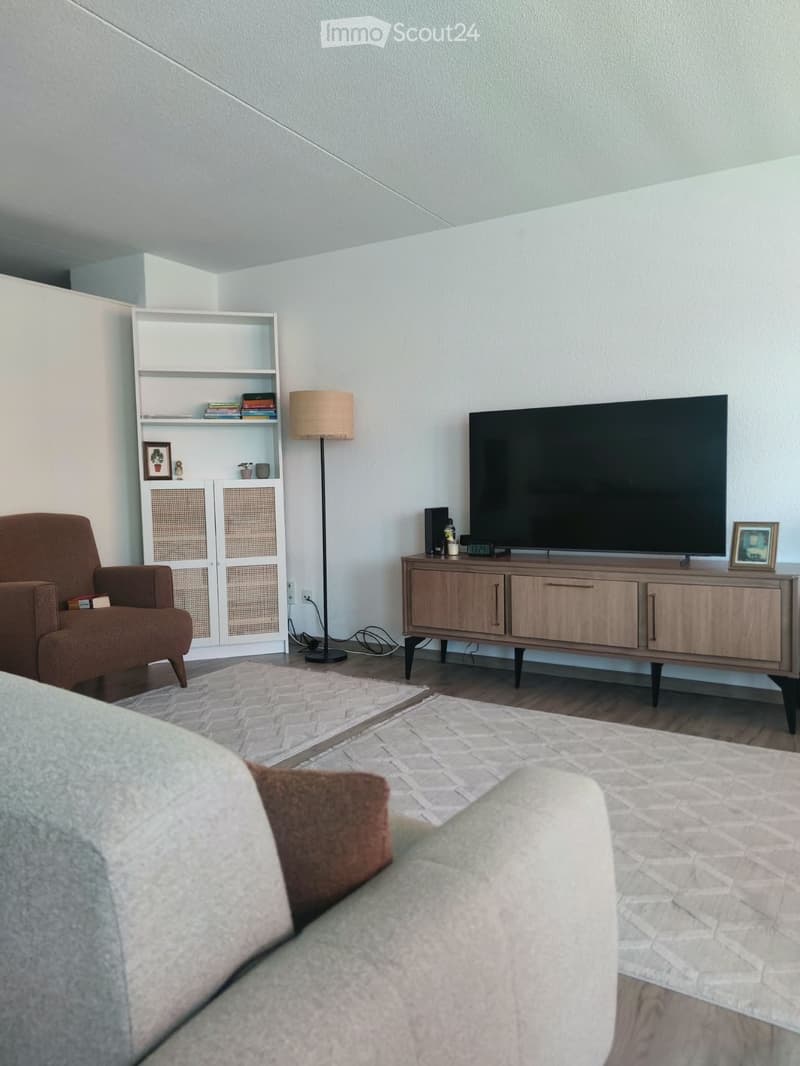Modern living room with a grey sofa, brown armchair, large flat-screen TV on a wooden stand, floor lamp, and a white bookshelf with decorative items.