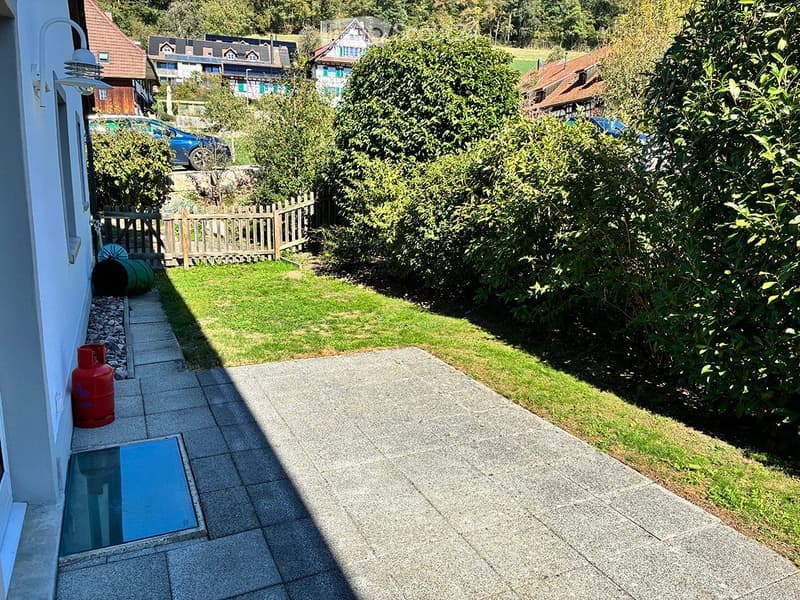 A well-maintained garden area with a paved pathway, grassy lawn, wooden fence, and surrounding trees. A red gas cylinder and a small reflective surface are visible near the house.