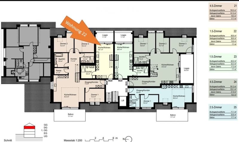 Floor plan of a multi-unit residential building showing various apartments with kitchens, bedrooms, bathrooms, and balconies.