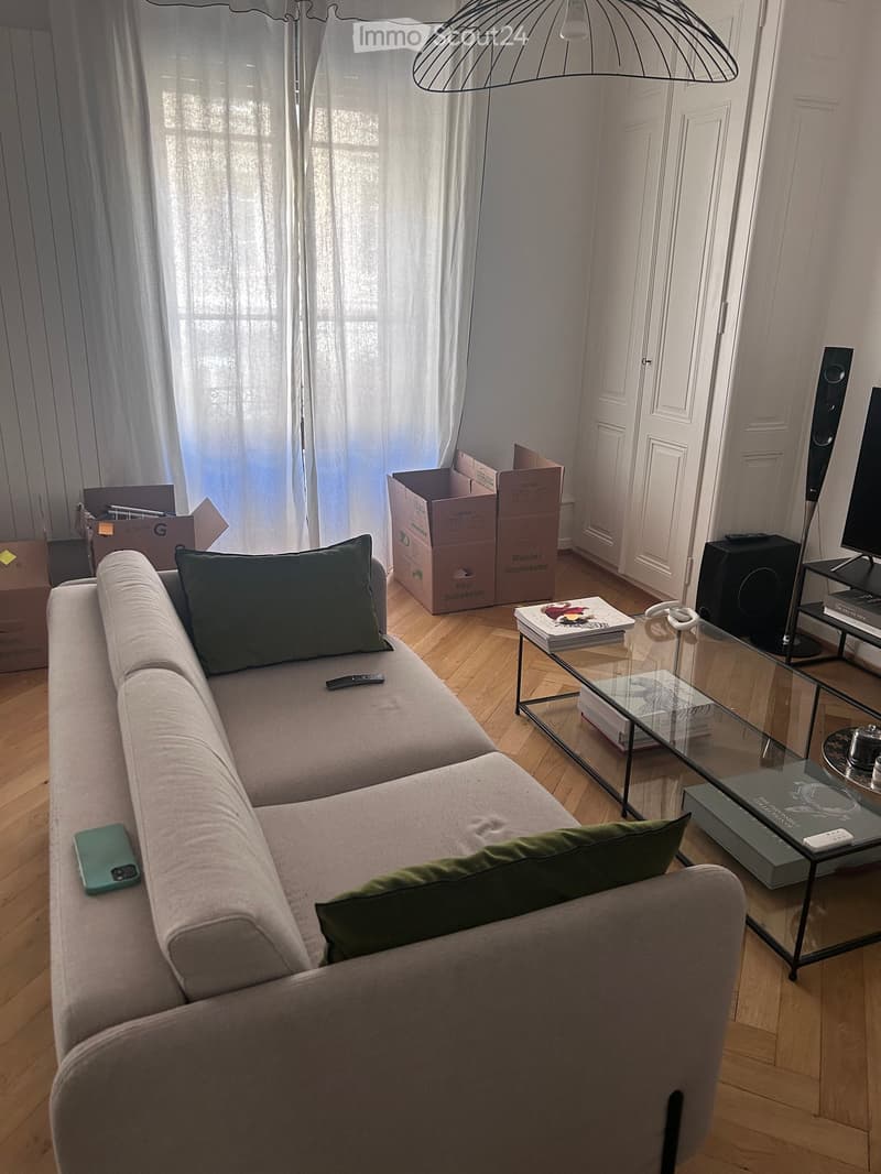 Living room with a grey sofa, green pillows, a glass coffee table, books, a cellphone, remote control, speaker, and a screen.