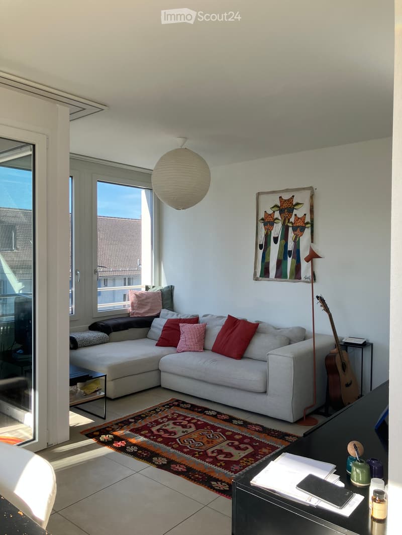 Modern living room with a grey sectional sofa, colorful pillows, a coffee table, a floor lamp, a guitar, and a colorful rug.