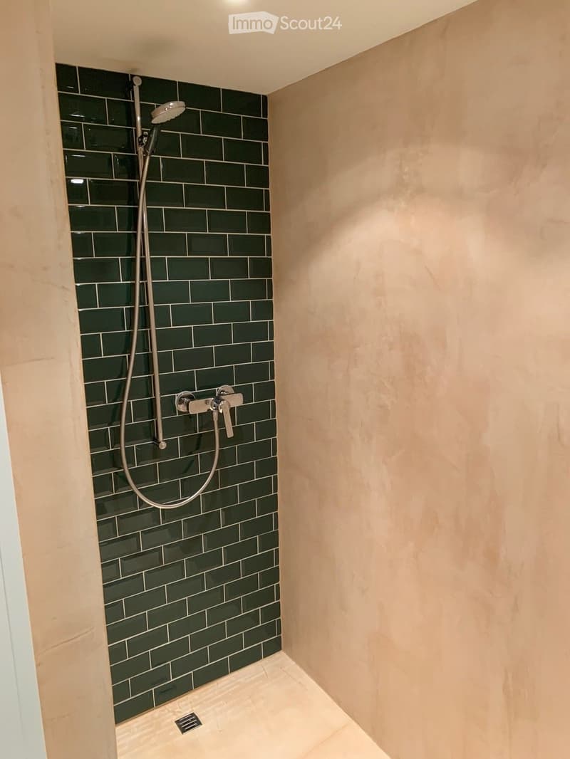 Modern shower area with dark green tiles on one wall and light beige tiles on the other, featuring a handheld showerhead and a modern faucet.