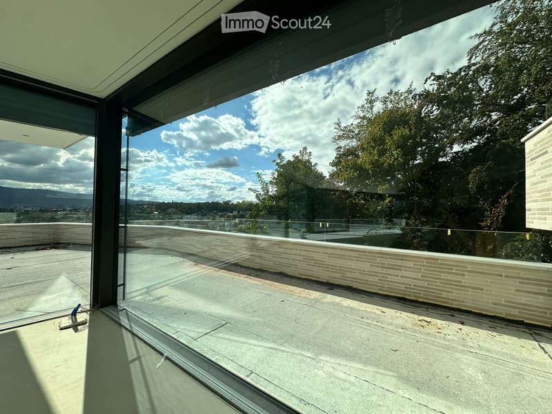 Modern balcony with large glass windows, concrete floor, and a view of trees and mountains.