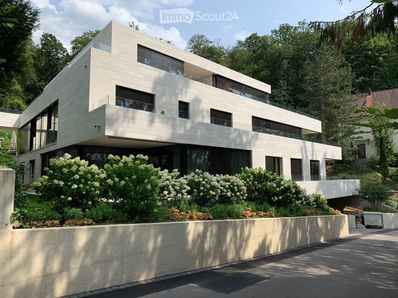 Modern white building, concrete construction, glass railings on terraces, surrounded by greenery, located in a forest area