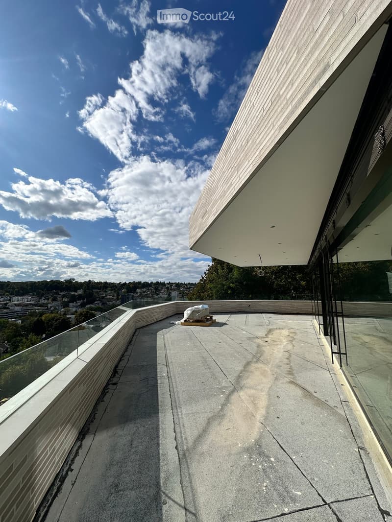 Modern rooftop terrace with concrete floor, glass railing, and a small lounge chair in the corner. The view shows a cityscape with trees and buildings under a partly cloudy sky.