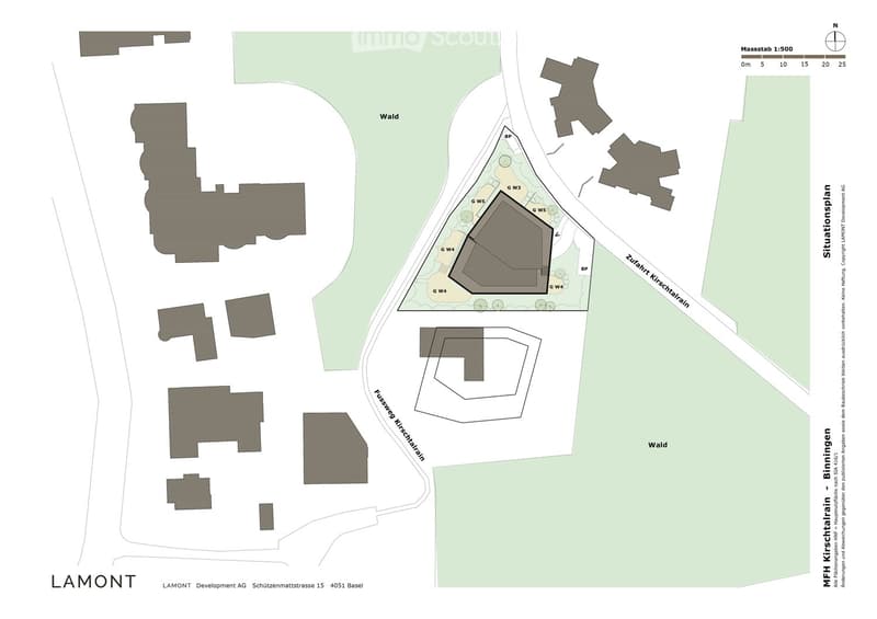 Plot layout for residential buildings with pathways, green spaces, and parking areas.