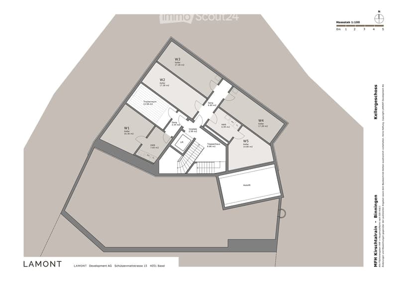 4 floors, W1 has 1 room, W2 has 2 rooms, W3 has 1 room, W4 has 2 rooms, W5 has 3 rooms, Lift, Stairs, Autolift