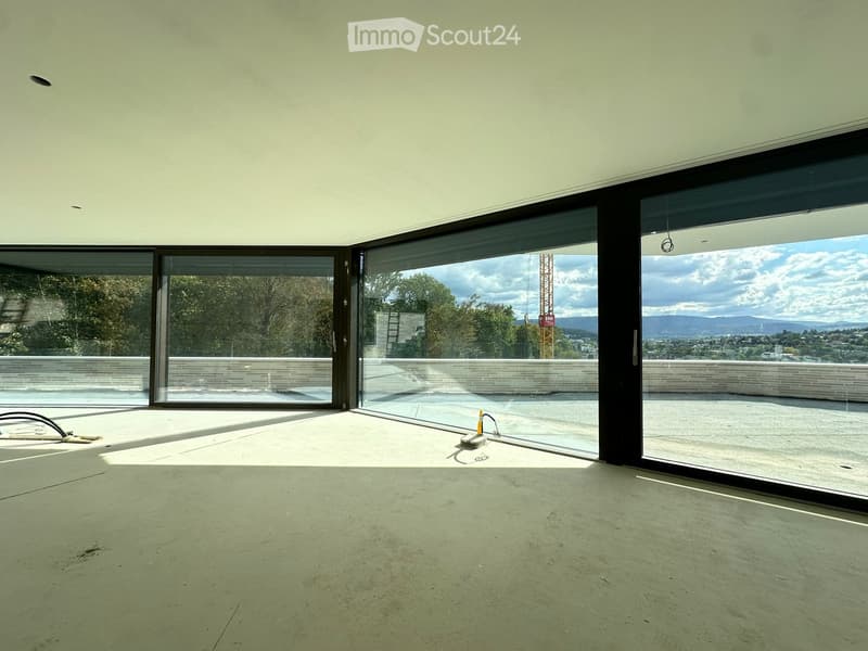 Empty room with large glass sliding doors leading to a balcony, concrete floor, and visible cityscape view.
