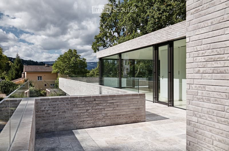 modern house with terrace, brick walls, glass walls, trees in the background