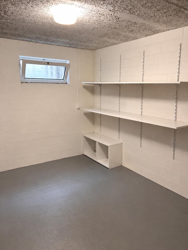 Empty room with white brick walls, grey concrete floor, white shelves, and a single window with frosted glass.